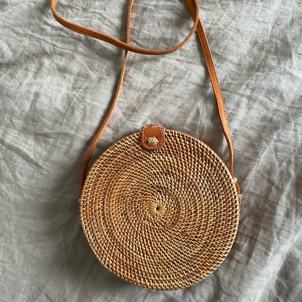 Round Woven Tan Crossbody Bag
